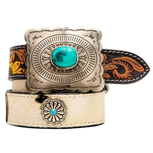New! Myra Hand Tooled Leather Hair On Turquoise Buckle Belt - Picture 10 of 10
